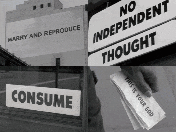 A two-by-two grid of four images from the 1988 horror/sci-fi movie They Live showing a travel ad with a woman laying in shallow water on a beach on the side of a building, a restaurant sign, a store with a 'Close out sale' sign, and a close-up view of a hand holding dollar bills.